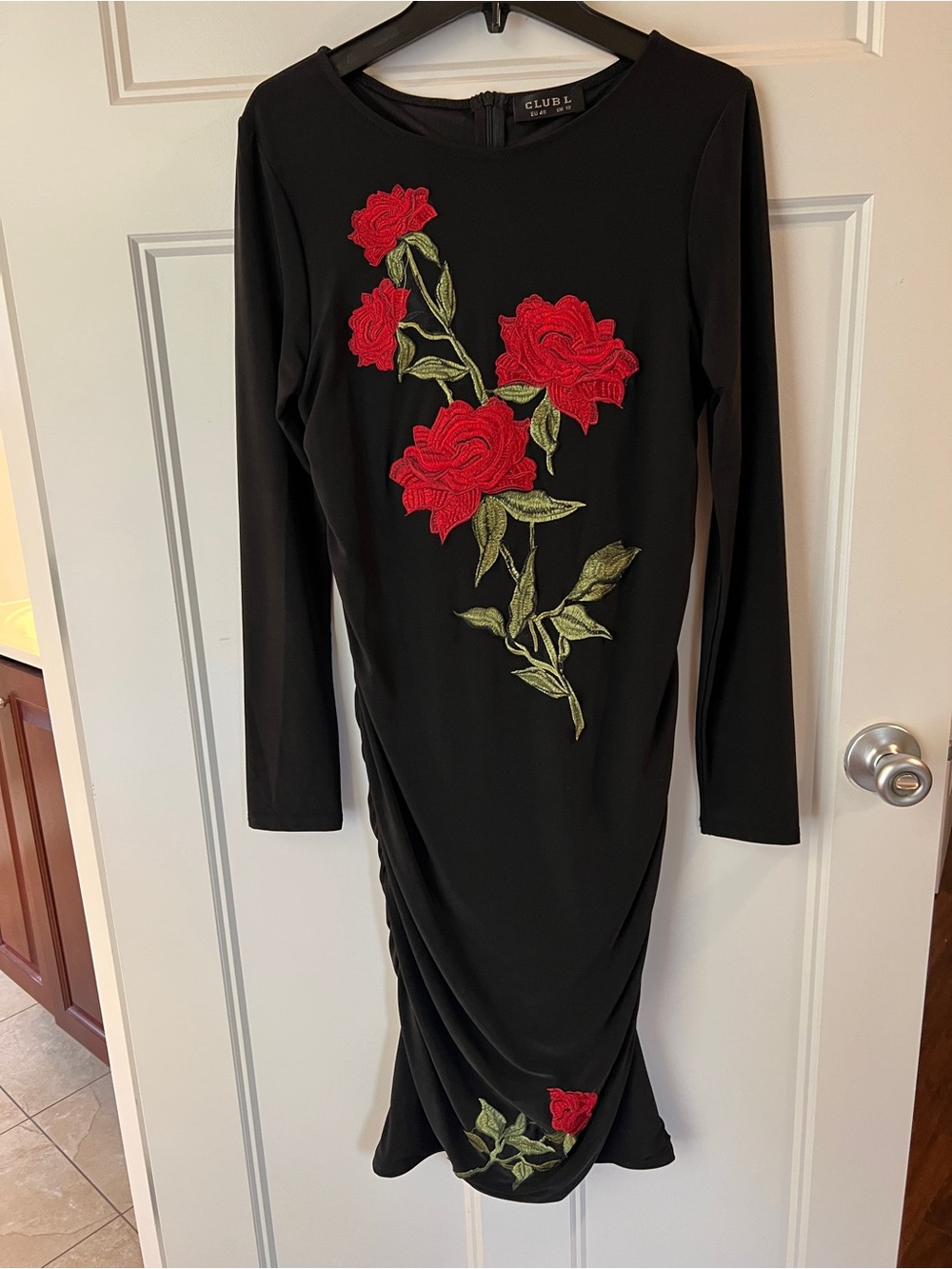 Club L London Black Long Sleeve Dress with Red Rose Embroidery
